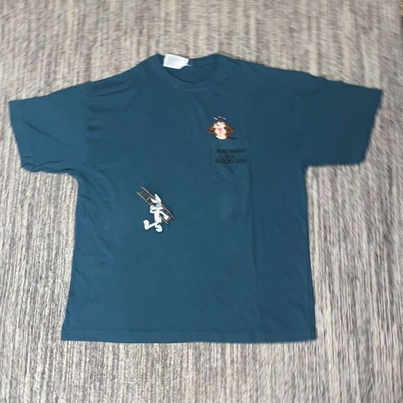 Tasmanian Devil Bugs Bunny Mens XL Embroidered T Shirt Blue‎ Green Short Sleeve - Picture 1 of 7